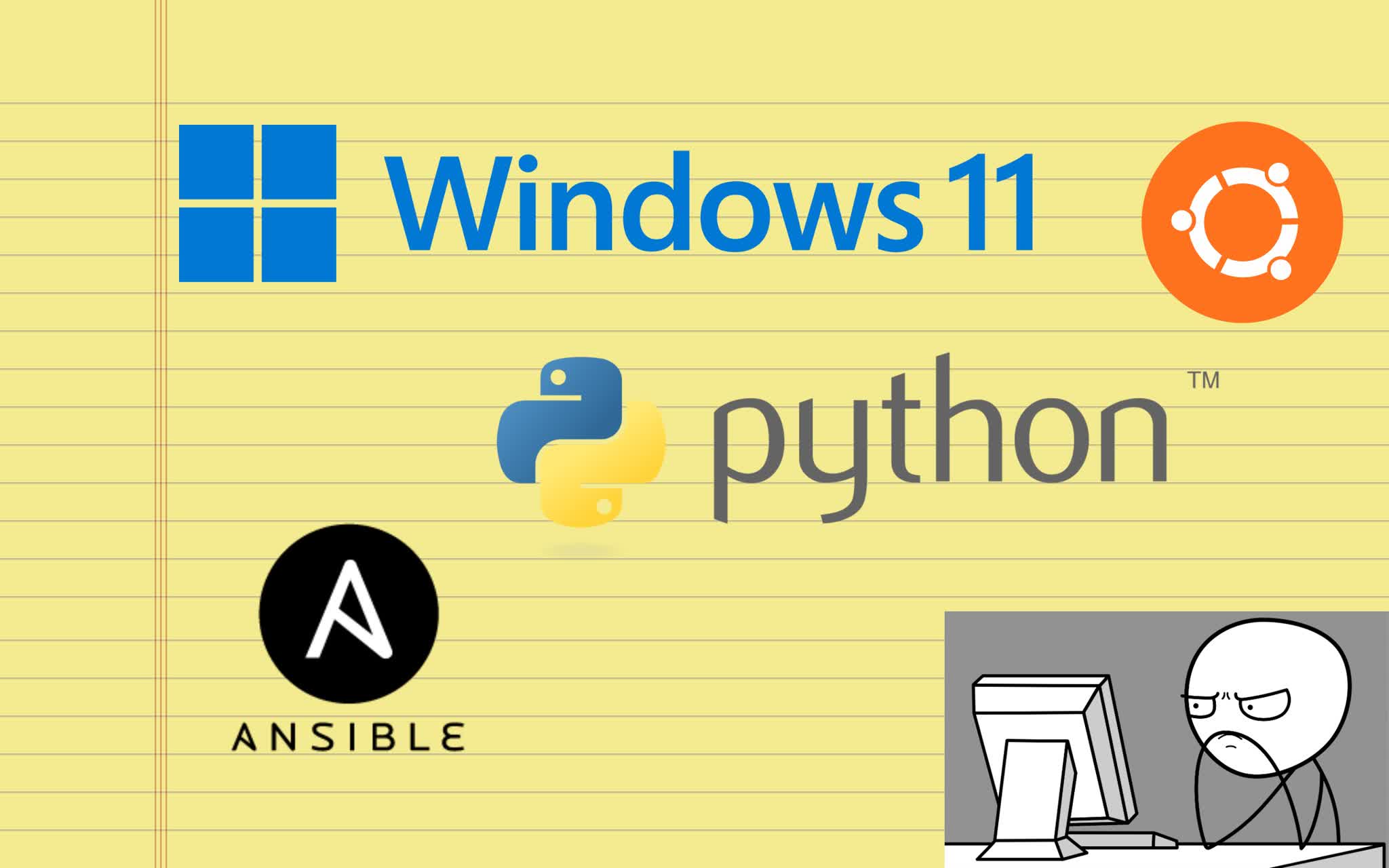 Yellow notebook page containing logos of Windows 11, Ubuntu, Python, and Ansible
